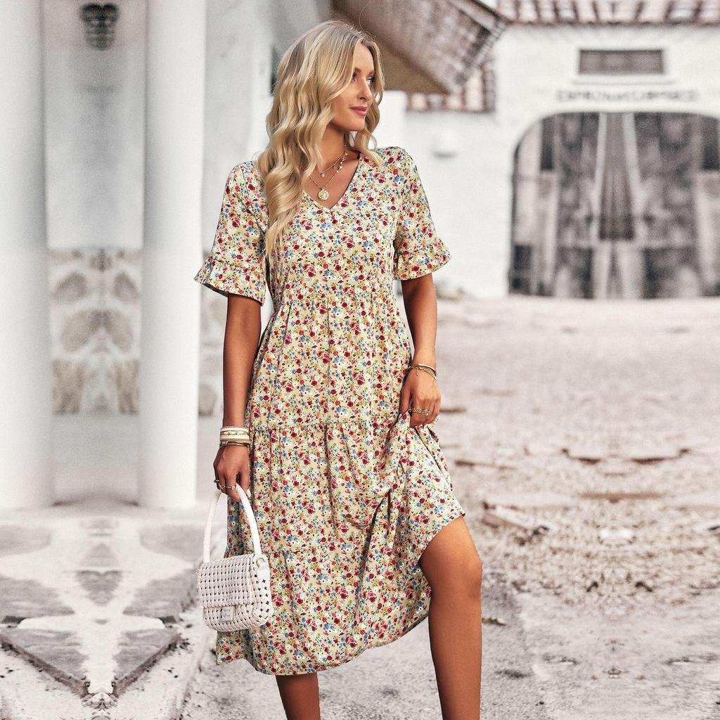 Womens Summer Dress with V-Neck and High Waist